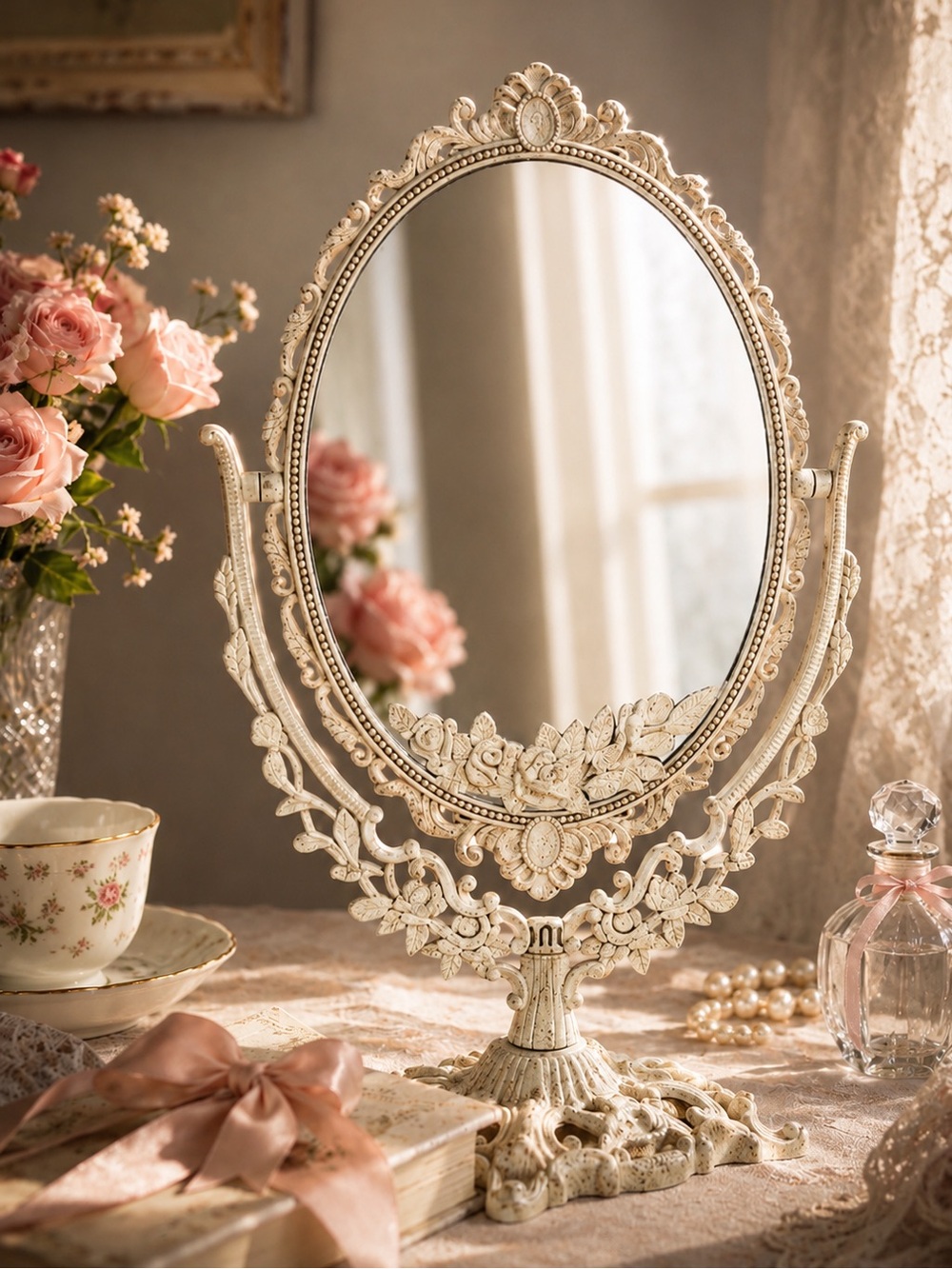 Victorian Ivory Oval Vanity Mirror |360 Swivel Portable Coquette Romantic Decor